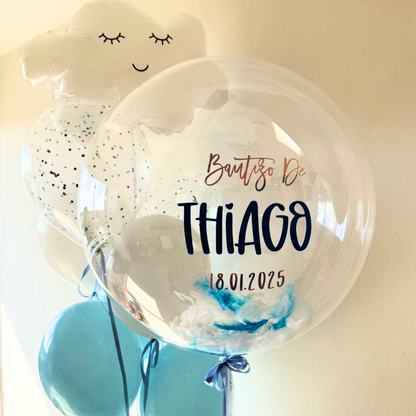 Globo transparente personalizado de 24” con plumas azules y mensaje + opciones con 5 o 10 globos y nube – entrega en Cancún, México