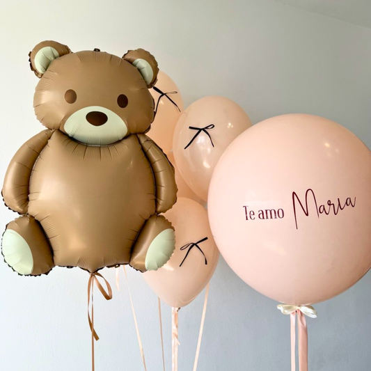 Personalized 24” bobo balloon with message + options with 5 or 10 balloons and teddy bear – delivery in Cancun, Mexico