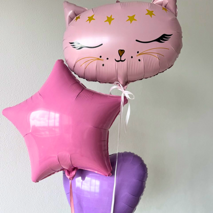 Bouquet of 3 metallic balloons for girls: kitten, star and heart – delivery in Cancun, Mexico
