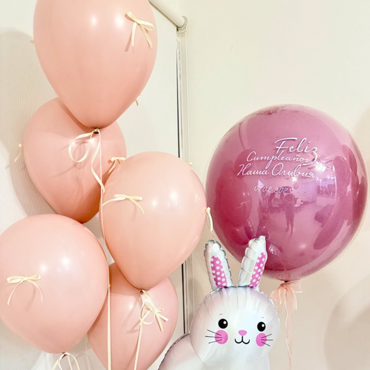 Ramo de globos: doble burbuja color Canyon Rose con mensaje + 5 o 10 globos con lazos – entrega en Cancún, México