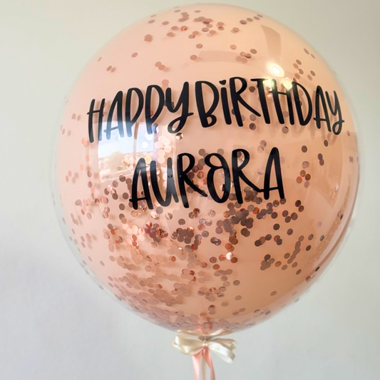 Globo doble burbuja color cameo con confeti y mensaje personalizado – entrega en Cancún, México